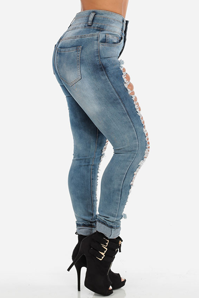 Stylish Mid Waist Broken Holes Blue Denim Skinny Jeanslw Fashion