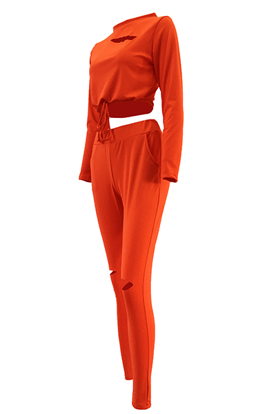 Sexy Round Neck Long Sleeves Hollow-out Orange Twilled Satin Two-piece ...