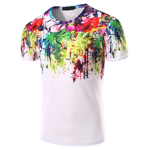 Casual Round Neck Short Sleeves Printed Cotton Ble