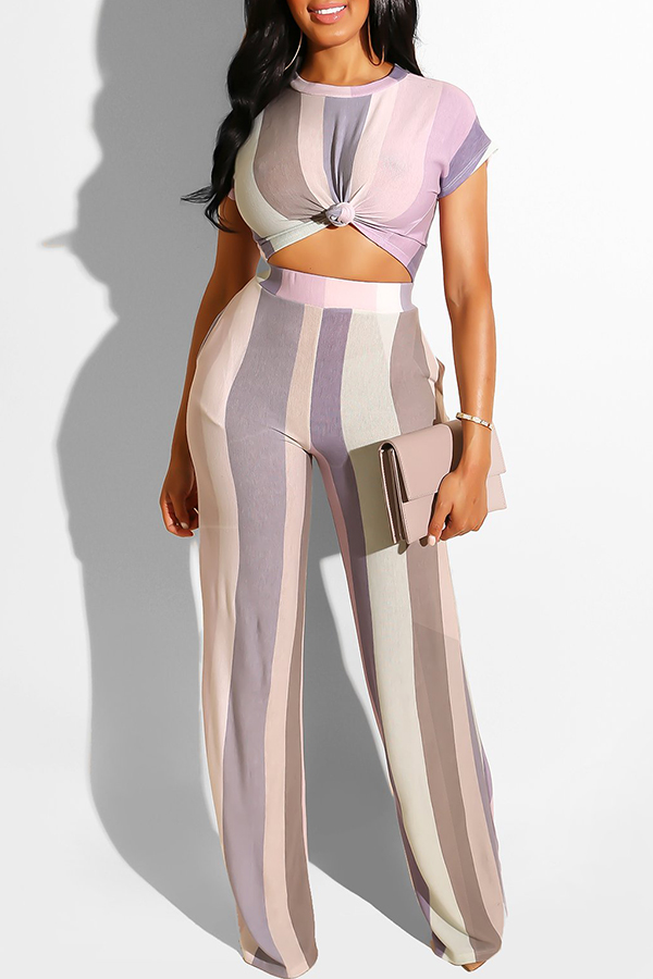 Lovely Stylish Striped Light Purple Two Piece Pants Setlw Fashion