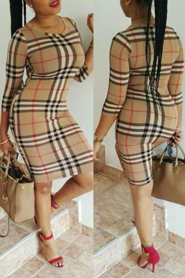 Lovely Casual Plaid Printed Khaki Knee Length DressLW Fashion Online