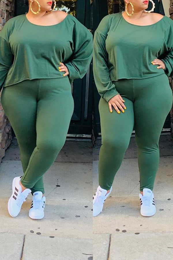 Lovely Casual O Neck Asymmetrical Green Plus Size TwoPiece Pants SetLW Fashion Online For