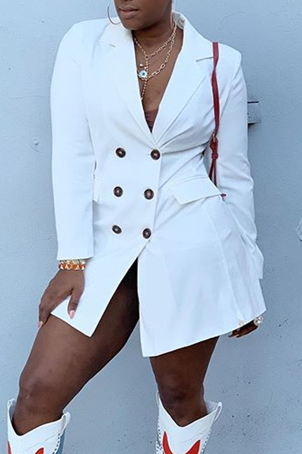 casual turndown collar drawstring white mini dress