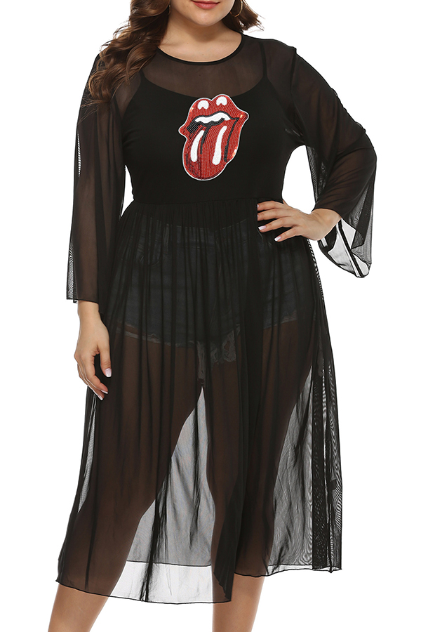 Lovely Casual O Neck Lip Print Black Plus Size BlouseLW | Fashion Online For Women | Affordable 