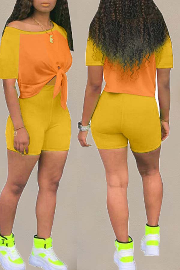 Lovely Casual Patchwork Yellow Twopiece Shorts SetLW Fashion Online