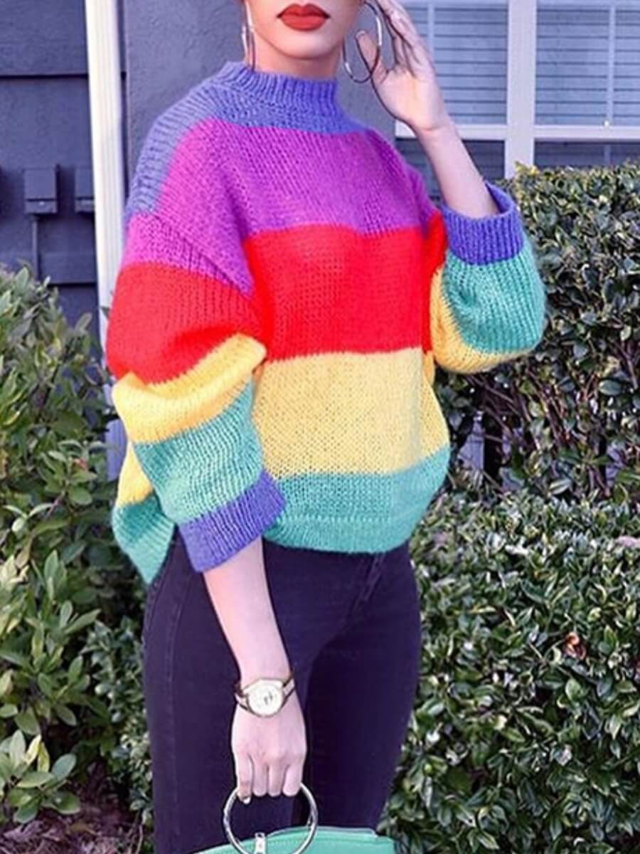 drop shoulder graffiti rainbow striped sweater