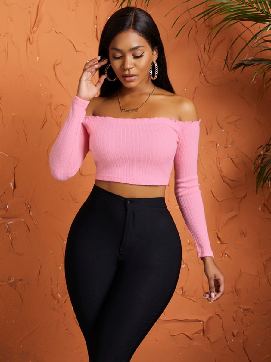 Lovely Sweet Dew Shoulder Striped Pink Short SweaterLW | Fashion Online ...