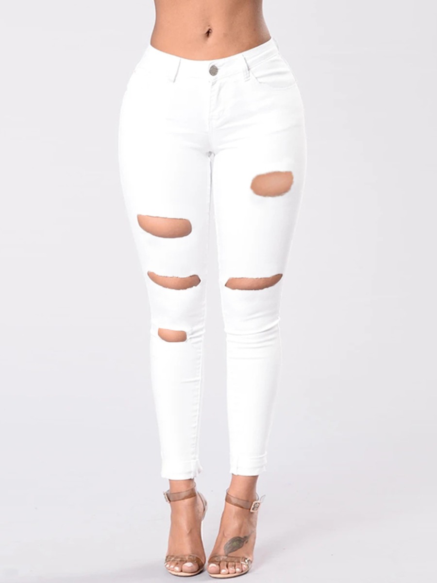Lovely Casual Mid Waist Broken HolesWhite JeansLW | Fashion Online For ...