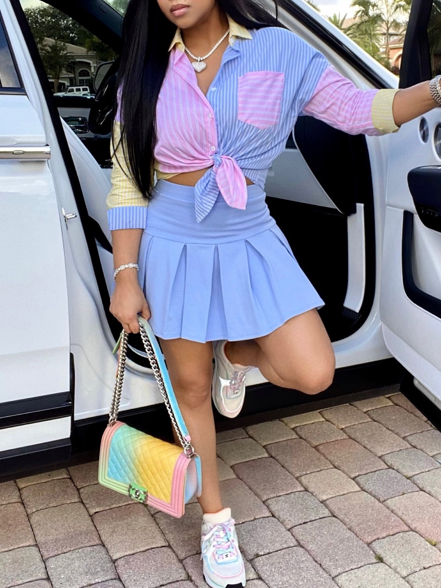 LW Sweet Striped Pleated Patchwork Baby Blue Two Piece Skirt Set Sale